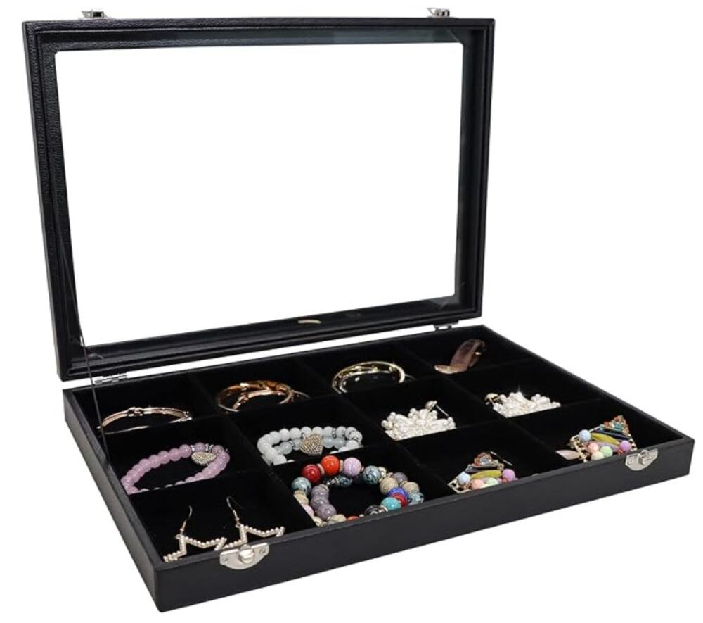 Jewelry Tray 12 Grid Jewelry Organizer with Clear Lid, Organizer Display Case